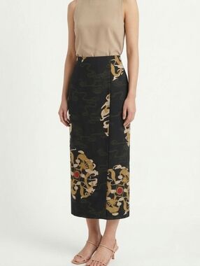 Anne Namba 100% Silk Faux Wrap Maxi Skirt Asian Inspired Golden Dragon Geisha